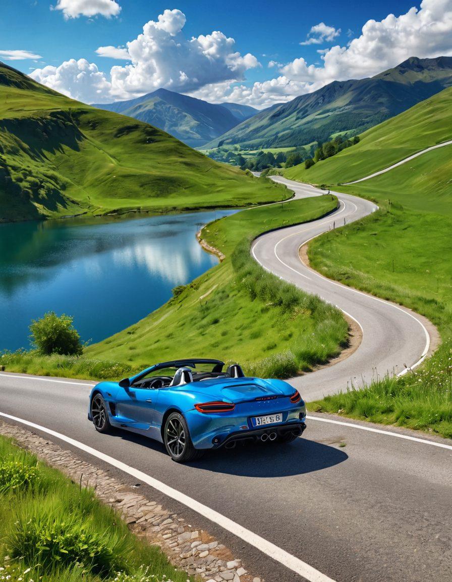 A sleek sports car parked against a picturesque road winding through vibrant green hills, with a map and keys placed on the hood. A suitcase and a camera are also visible, illustrating travel and adventure. The sky is a bright blue with fluffy clouds, giving a feeling of freedom and exploration. super-realistic. vibrant colors. 3D.