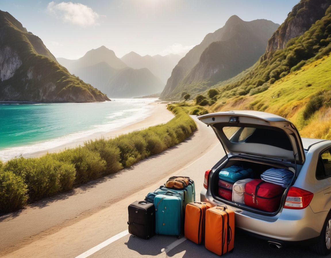 A serene road winding through picturesque landscapes, showcasing a diverse group of travelers happily unpacking their luggage from a stylish rented car. Incorporate elements like a map, camera, and travel gear, emphasizing adventure and organization. The scenery reflects both mountains and a sunny beach in the background, creating a contrast of travel experiences. Bright and inviting colors with a hint of wanderlust. vibrant colors. super-realistic.